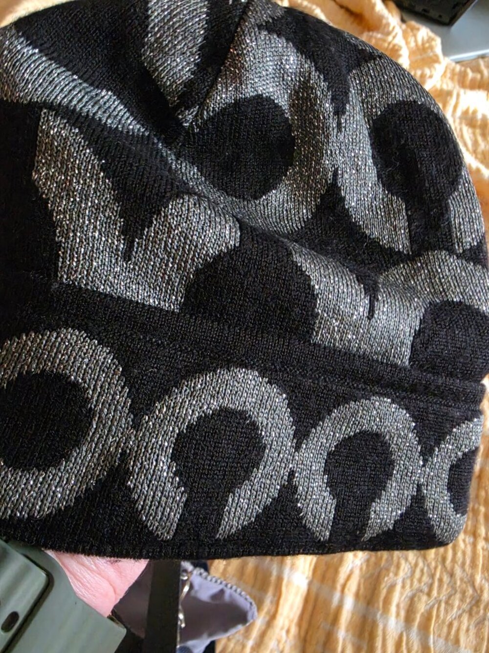COACH Signature Metallic Silver C Monogram Knit Beanie Hat Black